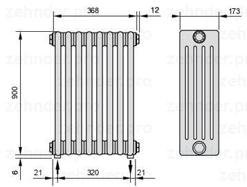 Схема (чертеж) Радиатор Zehnder Charleston 5090/8 №5310 Белый глянцевый RAL 9016